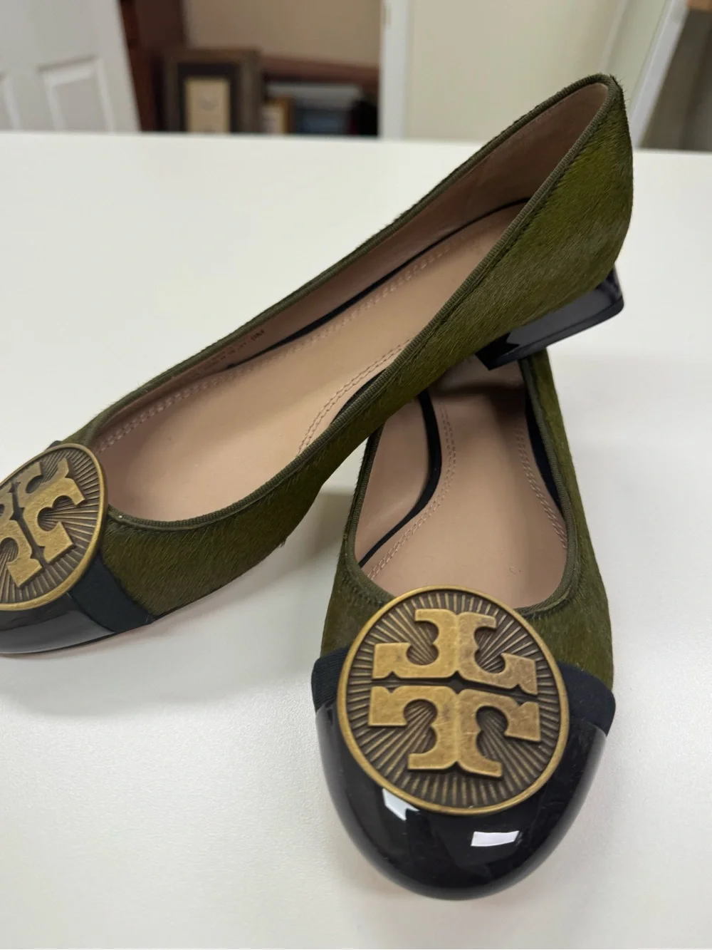 Tory Burch Olive Green Pony Hair and Black Logo Medallion Flats